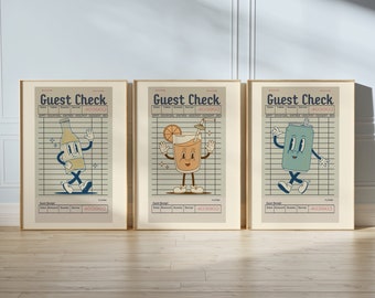 Guest Check Bar Cart Print, Set van 3 Bar Cart Print, Trendy Wall Art, Retro Wall Art, Preppy Cocktail Print, Retro Guest Check, Cocktail Print