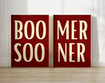 Boomer Sooner Art Set of 2 | Norman Oklahoma | Oklahoma Fan Gift | Oklahoma Football Fan Decor | Preppy Dorm Art | Room Decor | OU Art |