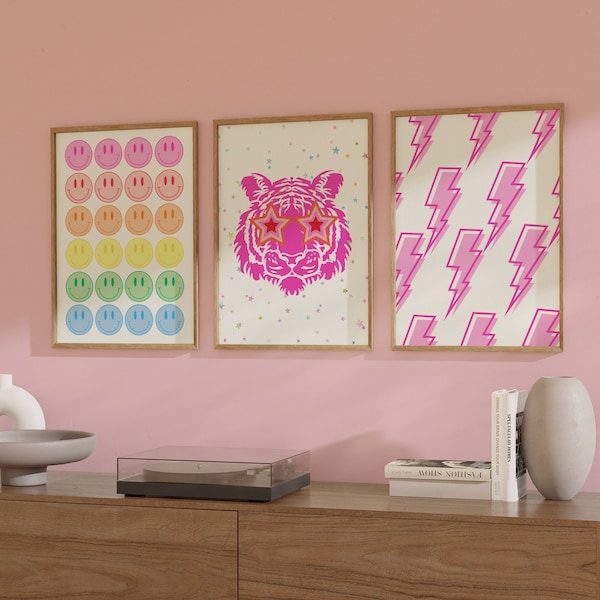 Preppy Pink Posters, Trendy Wall Art, Preppy Aesthetic Gallery Set of 3, Preppy Colorful Pink Wall Art, Aesthetic Print, Smiley Preppy Print