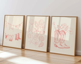 Coastal Cowgirl Set of 3 Pink Beach Wall Art Preppy Girl Decor Coastal Granddaughter Digital Downloads Trendy Aesthetic Gallery Dorm Room