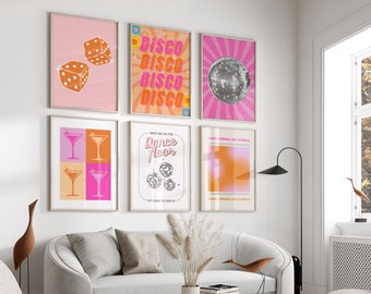 Set of 6 Pink and Orange Gallery Art | Trendy Prints | College Dorm Art | Girly Indie Teenage girl Room Decor | Collage | Disco PRINTABLE