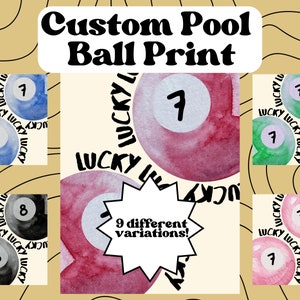 CUSTOM Vintage Pool Ball Print Retro Hand-Drawn Wall Art Trendy Lucky 7 Ball Poster Printable Wall Art Digital Download Art Bar Cart Art
