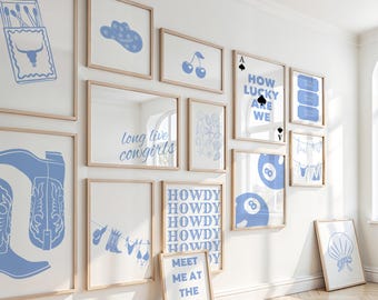 Coastal Cowgirl Blue Gallery Wall Art, Set of 14 Prints, Preppy Dorm Decor, Trendy Apartment Decor Beachy Ocean Posters Coquette Digital Art