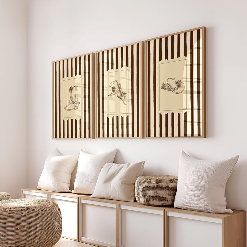 Western Cowboy Set of 3 Print Vintage Rodeo Sketch Wall Art Retro Horse ...