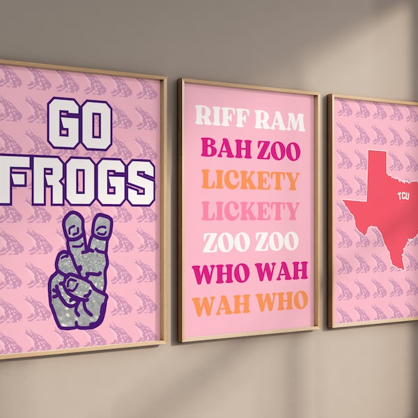 Preppy TCU Wall Art | Girly Dorm Decor | TCU Decoration | Purple Horned Frogs Gift | Pink and Orange TCU Wall Art | tcu dorm decor |