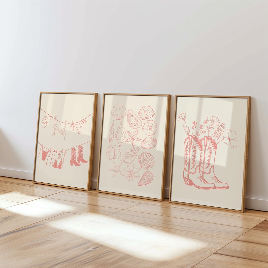 Coastal Cowgirl Set of 3 Pink Beach Wall Art Preppy Girl Decor Coastal ...