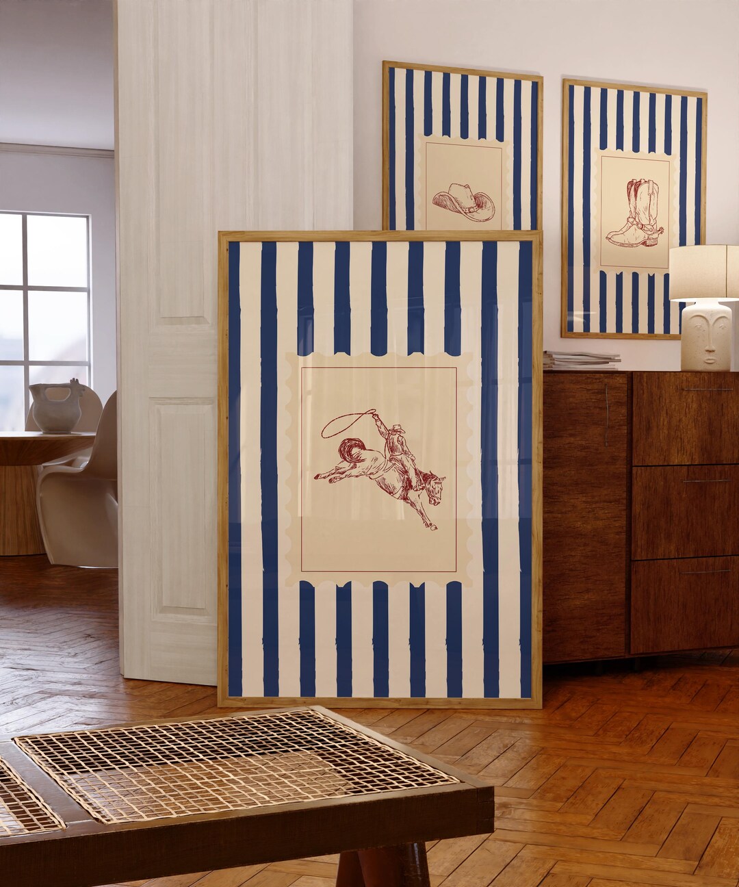 Vintage Striped Cowboy Rodeo Print Rustic Bedroom Sketch Wall Art Retro ...