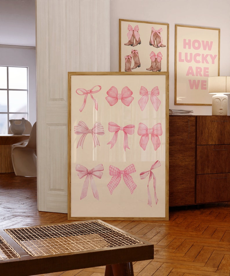 Trendy Pink Bows Wall Art, Pink Coquette Pink Bow Print, Girly Wall Art ...