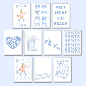 Coastal Cowgirl Wall Art Set of 10 Blue Aesthetic Trendy Prints Boots Digital Printable Preppy Cowgirl Dorm Room Decor How Luck Are We Cute