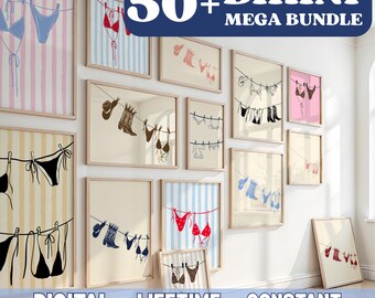 Bikini Print Gallery Wall Art, Coastal Cowgirl Mega Bundle Digital Printables, Beach Illustration Bikini Hanging Poster Bathing Suit Poster