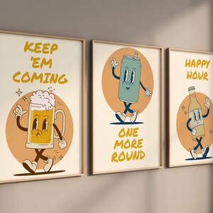 Set van 3 bierprint, Keep Em Coming Print, nog een ronde print, Happy Hour, Retro Alcohol Print, Bar Cart Wall Art, Funky Alcohol Print