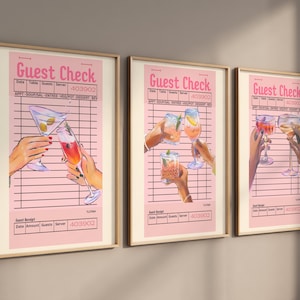Set of 3 Guest Check Cocktails, Bar Cart Prints, Trendy College Apartment Art, Cocktail Print Set, Guest Check Cheers, Cocktail Printable
