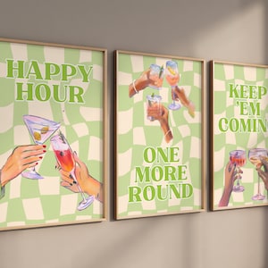 3er Set Cocktail Druck, Keep Em Coming Druck, noch runder Druck, Happy Hour, Retro Alkohol Druck, Bar Cart Wandkunst, Funky Alkohol Druck