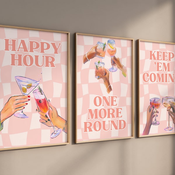 Set of 3 Cocktail Print, Keep Em Coming Print, One More Round Print, Happy Hour, Retro Alcohol Print, Bar Cart Wall Art, Funky Alcohol Print