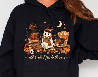 Funny Halloween Reading Cat Hoodie, All Booked For Halloween Hoodie, Cute Witchy Book Stacks Pullover, Cozy Fall Gift for Book Lovers