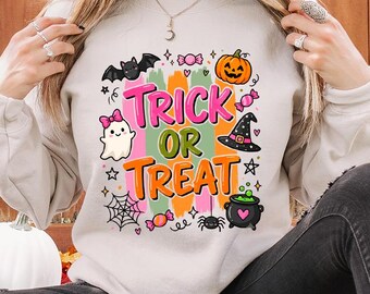 Spooky Season Sweatshirt, Trick or Treat Graphic Sweatshirt, Coquette Bow Ghost Halloween Pullover, Pastel Witch Hat Halloween Party Top