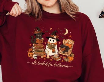 Funny Halloween Reading Cat Sweatshirt, All Booked For Halloween Sweater, Cute Witchy Book Stacks Pullover, Book Lovers Outfit