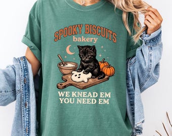 Comfort Colors Spooky Biscuits Bakery Shirt, Black Cat Halloween T-Shirt, Kneading Cat Fall Tee, Vintage Halloween Cat Lover Shirt