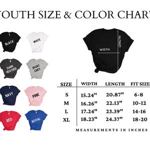 the youth size and color chart for a t - shirt
