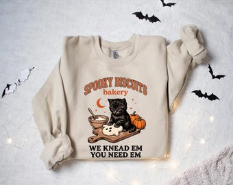 Spooky Biscuits Bakery Sweatshirt, Black Cat Halloween Sweatshirt, Kneading Cat Fall Pulover, Vintage Halloween Cat Lover Outfit