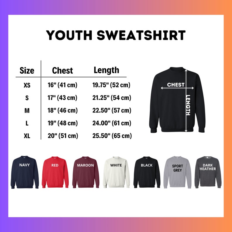 youth sweatshirt sizes chart