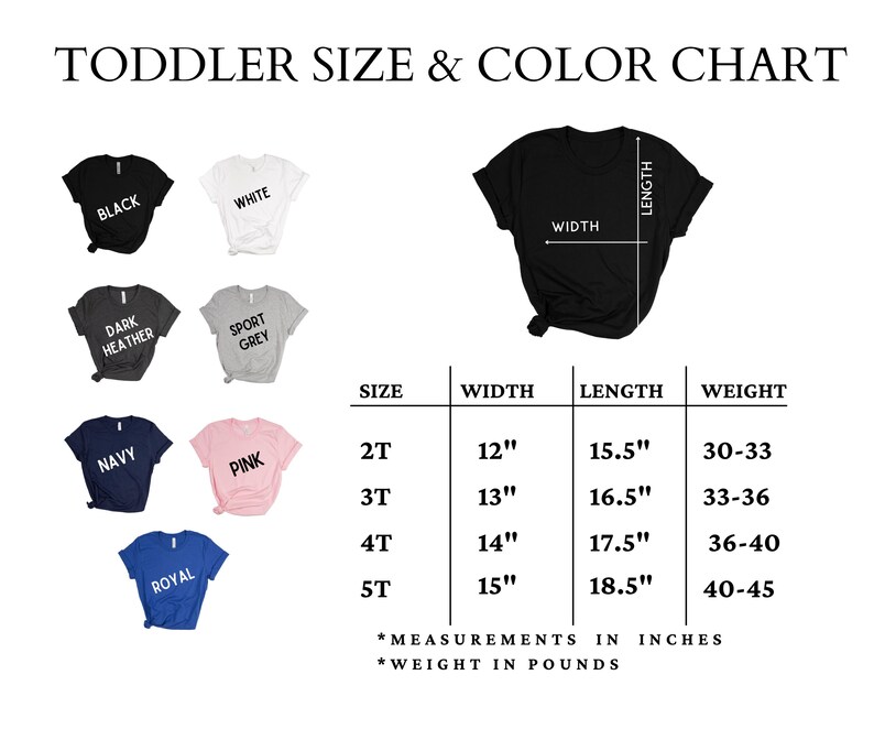 toddler size and color chart for a t - shirt