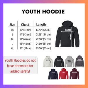 a youth hoodie sizes chart with measurements
