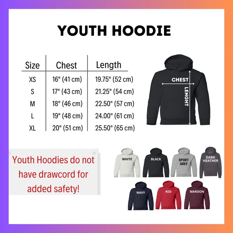 a youth hoodie sizes chart with measurements