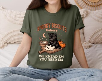 Spooky Biscuits Bakery Shirt, Black Cat Halloween T-Shirt, Kneading Cat Fall Tee, Vintage Halloween Cat Lover Shirt