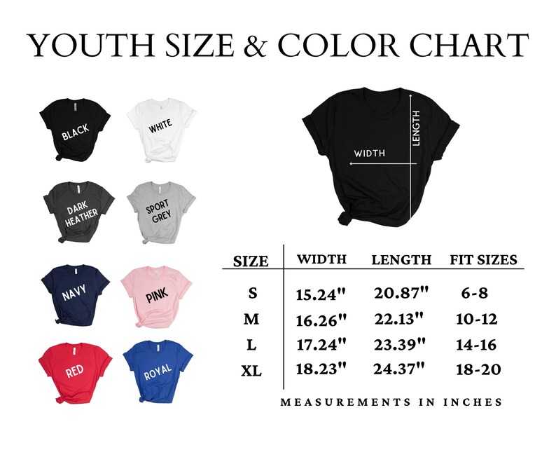 the youth size and color chart for a t - shirt