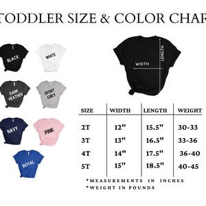 toddler size and color chart for a t - shirt