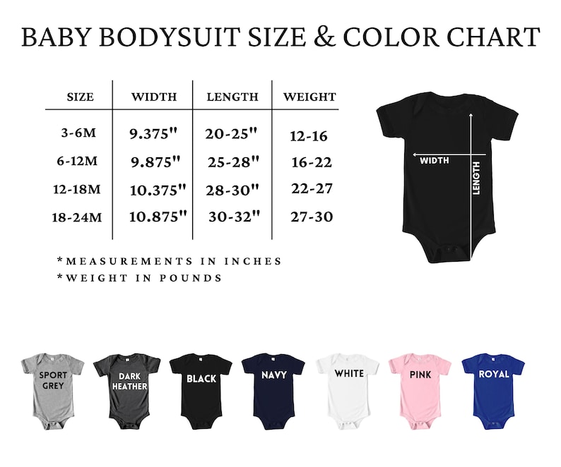 baby bodysuit size and color chart