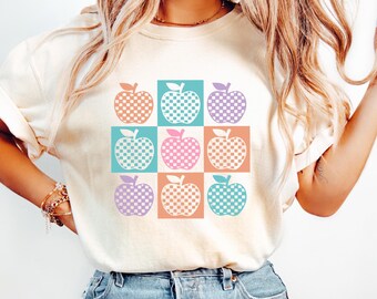 Teacher Comfort Colors Shirt : Retro Checkered Apple Tee, Back to School Gift
