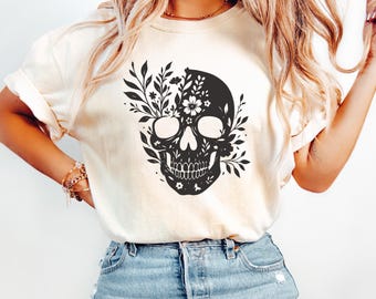 Comfort Colors Floral Skull Shirt: Boho Halloween Graphic Tee