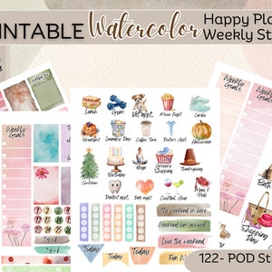 Printable Planner  Stickers, Weekly Happy Planner, Watercolor planner sticker kit, Goodnotes stickers