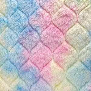 May include: Close-up of a soft, plush fabric with a mermaid scale pattern. The fabric features a gradient of colors, including pink, blue, yellow, and white. The texture is fluffy and inviting, creating a whimsical and cozy feel.