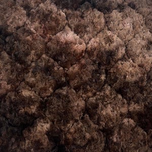 May include: Close-up of a brown, textured fabric with a raised, quilted pattern. The fabric has a soft, plush appearance with varying shades of brown, creating depth and dimension. The overall texture is reminiscent of a cozy blanket or upholstery.