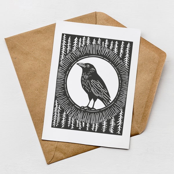 Crowcore Raven: Whimsical Raven Linocut Inspired Printable Greeting Card - Gothic Decor Printable Card for Dark Academia Enthusiasts