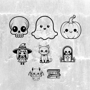 Cute Kawaii Vector SVG Halloween Clipart Bundle, witch, cat, jack o' lantern, skull and more, Cute Halloween PNGS