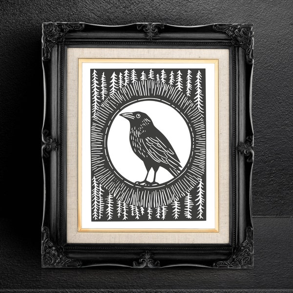 Crowcore Raven: Whimsical Raven Linocut Inspired Print - Gothic Decor Printable Wall Art for Dark Academia Enthusiasts