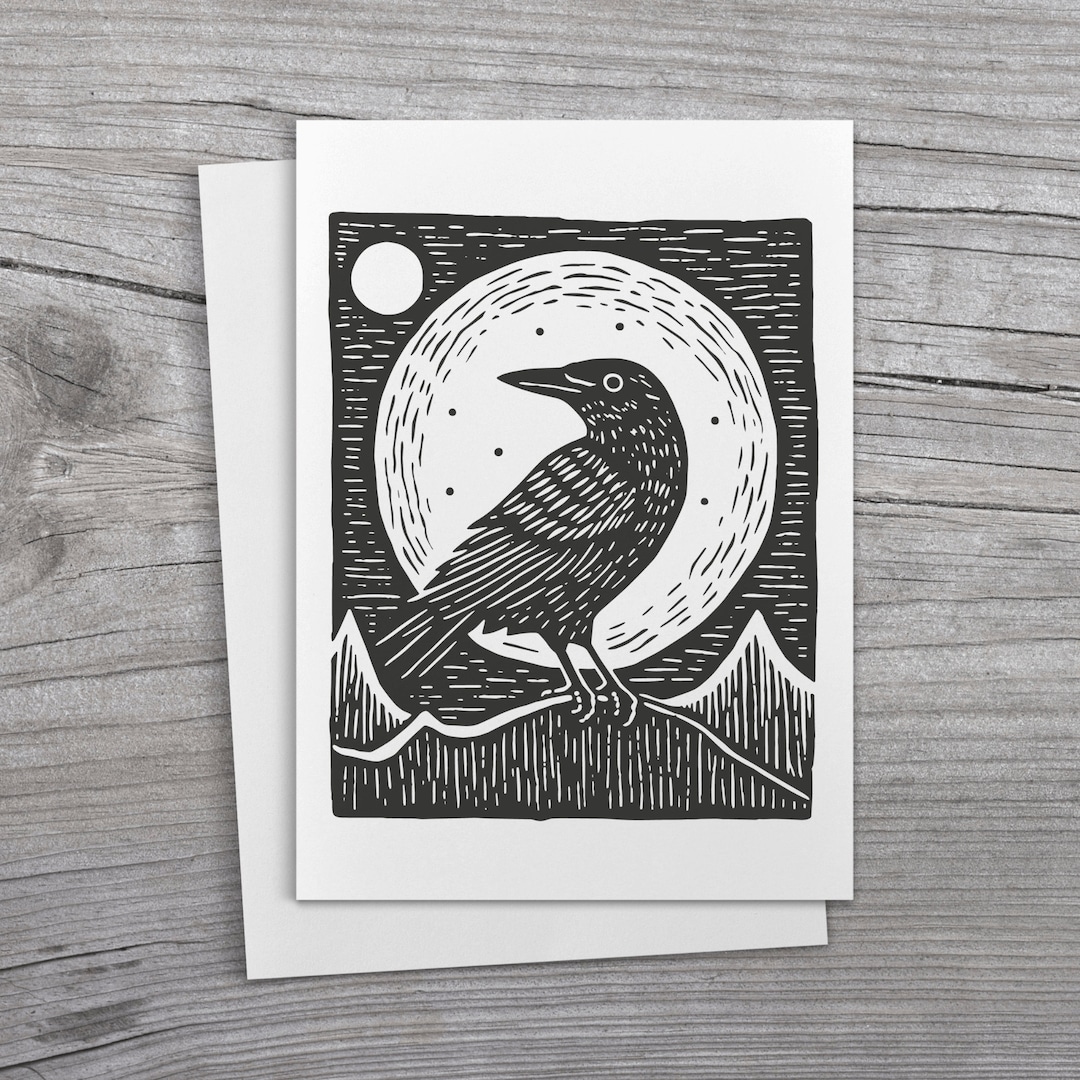 Raven Moon: Whimsical Raven Linocut Inspired Printable Card Gothic ...