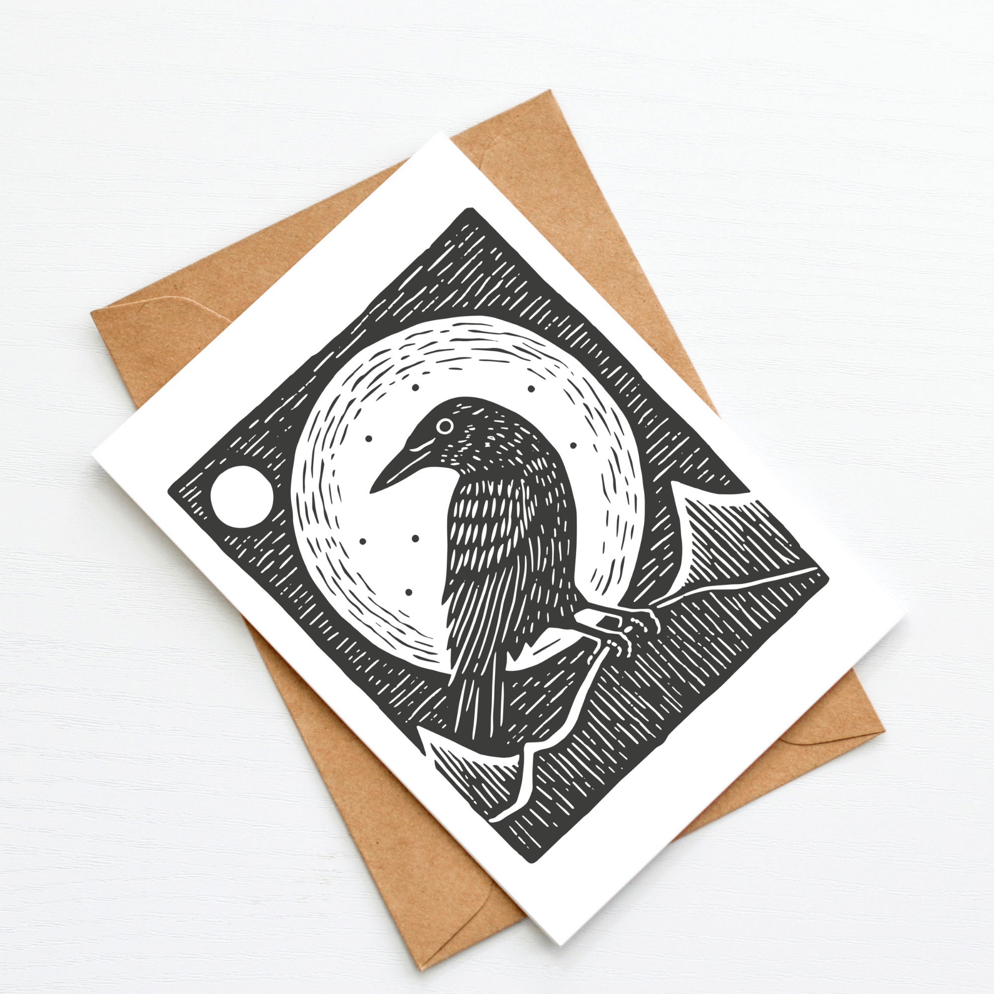 Raven Moon: Whimsical Raven Linocut Inspired Printable Card - Gothic ...