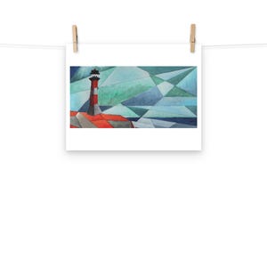 May include: A painting of a red and white lighthouse with a black top, standing on a red and gray rocky shore. The background is a blue and green abstract geometric pattern.