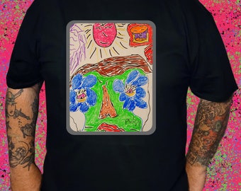 T Shirt Doodle Graphic Cotton Tee Unisex Sunny Outlook Flowers Face