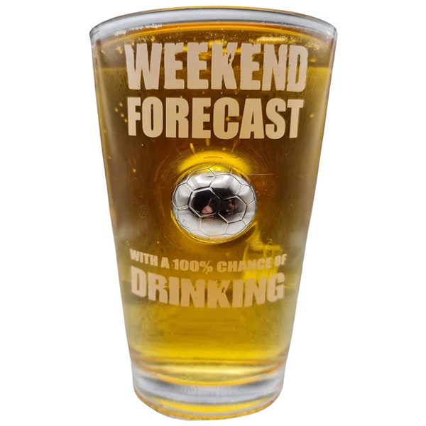 Unique Football Themed Gift Pint Beer Glass Embedded Chill Stone Ball Fathers Day, Birthday, for HIM HER (Weekend Forecast)