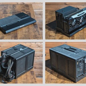 May include: A black external graphics card docking station featuring a rectangular base with the Minisforum logo, a ventilated metal enclosure with a top handle, and an EVGA graphics card installed, showing power ports and internal cabling.