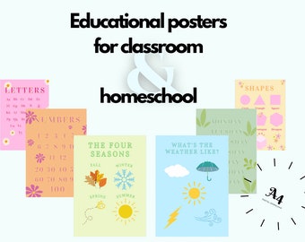 6 carteles educativos A4 / Aula y educación en casa: Letras, Números, Días, El tiempo, Las cuatro estaciones y las formas