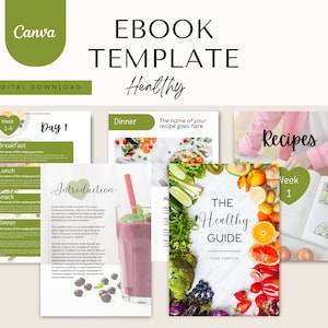 Pode incluir: Um modelo de livro eletrônico digital para um guia de alimentação saudável. O modelo apresenta um esquema de cores verde e branco com imagens de frutas e vegetais frescos. O texto da capa diz "The Healthy Guide" e "Your Subtitle".