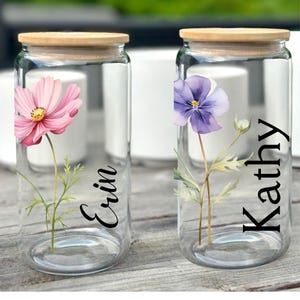 Personalized Birth Flower Coffee Cup, Personalized Iced Coffee Cup, Custom Bridesmaid Proposal Gift Birth Flower Glass Tumbler. Wedding Gift