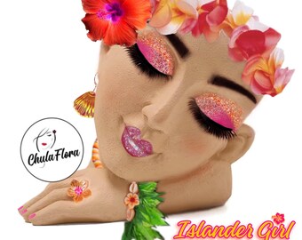 ISLANDER GIRL - Hand Painted Resin Flower Planter – Decorative Flower Pot, Indoor Decor
